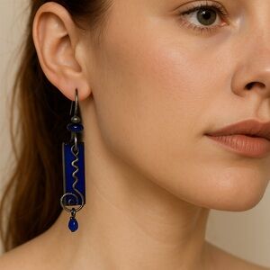 Handcrafted Dangle Earrings blue acrylic silver tone wire 1.5” long